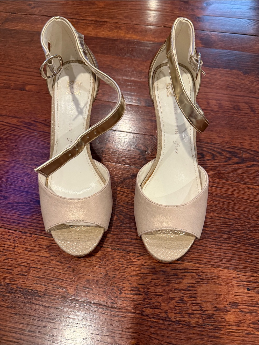 Anne Klein Blush and Gold Open-Toe Ankle Strap Heels